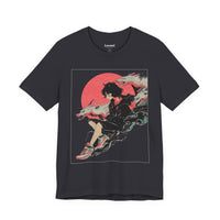 Neon Oni Moon’s Veil anime T-shirt featuring horned girl in streetwear with dragon spirits and neon red moon