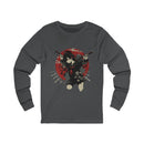 Crimson Silence Blade of Vengeance anime long sleeve shirt with dual katana girl, halo, and red Japanese circle backdrop