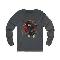 Crimson Silence Blade of Vengeance anime long sleeve shirt with dual katana girl, halo, and red Japanese circle backdrop