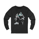 Crimson Silence Smoke Lily anime long sleeve shirt with assassin girl, smoking handgun, teal hair streaks, and lily background