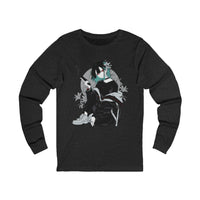 Crimson Silence Smoke Lily anime long sleeve shirt with assassin girl, smoking handgun, teal hair streaks, and lily background