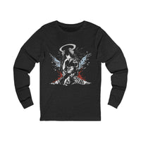 Celestial Oni Blood & Bloom anime long sleeve shirt with horned girl kimono design, red and blue artistic splashes