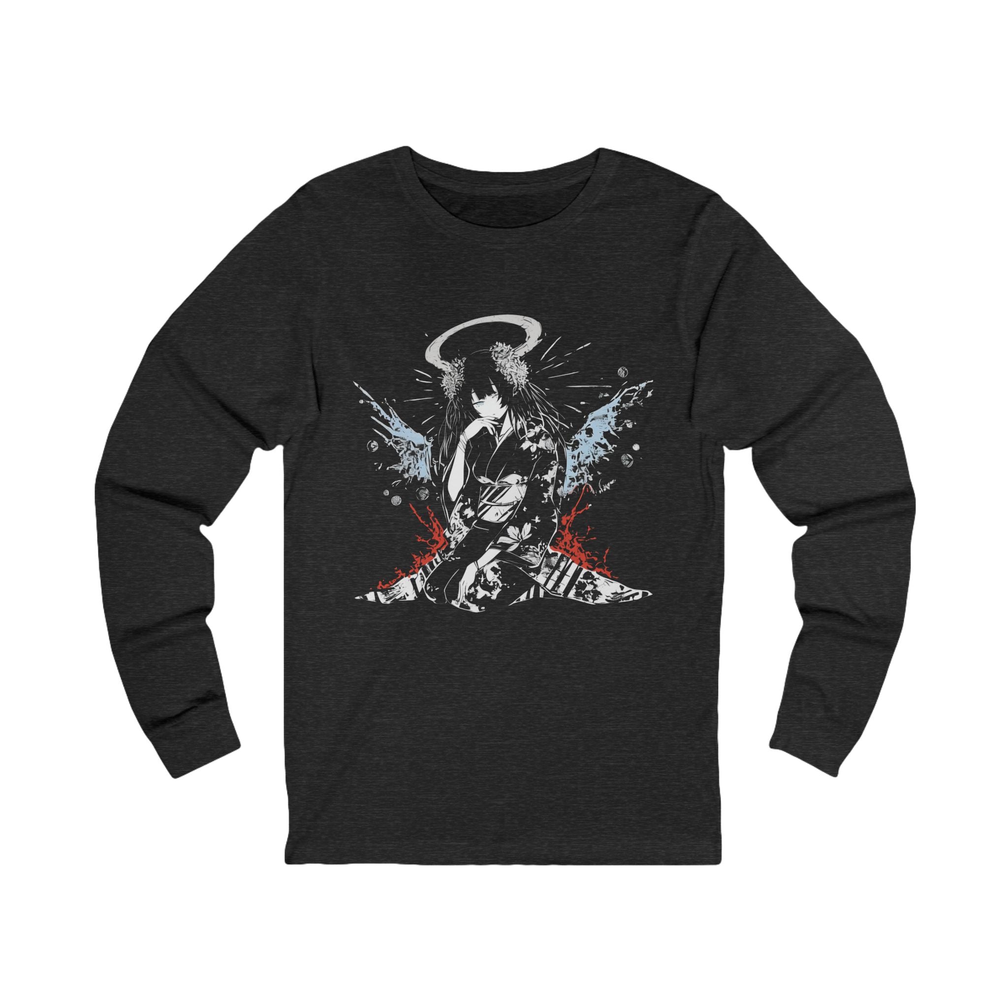 Celestial Oni Blood & Bloom anime long sleeve shirt with horned girl kimono design, red and blue artistic splashes