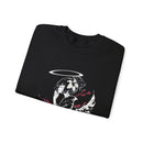 Celestial Oni Silent Bloom anime sweatshirt featuring haloed girl in kimono surrounded by lilies and smoke