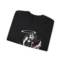 Celestial Oni Silent Bloom anime sweatshirt featuring haloed girl in kimono surrounded by lilies and smoke