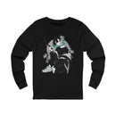 Crimson Silence Smoke Lily anime long sleeve shirt with assassin girl, smoking handgun, teal hair streaks, and lily background