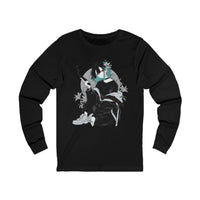 Crimson Silence Smoke Lily anime long sleeve shirt with assassin girl, smoking handgun, teal hair streaks, and lily background