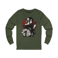 Long sleeve anime tee with kimono assassin girl and red sun Japanese design.