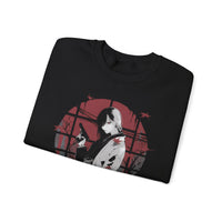 Crimson Silence Yakuza Bloom anime sweatshirt featuring noir-style girl with handgun and maple leaves on red backdrop