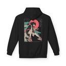 Neon Oni Street Spirit anime hoodie featuring horned girl in jacket and sneakers with neon red sun and dragon smoke