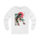 Neon Oni Street Spirit anime long sleeve shirt featuring horned girl in sneakers, neon sun, and dragon smoke artwork