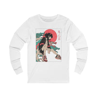Neon Oni Street Spirit anime long sleeve shirt featuring horned girl in sneakers, neon sun, and dragon smoke artwork