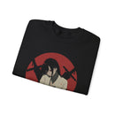 Crimson Silence Aftermath anime sweatshirt featuring somber girl with bloodstained outfit against red Japanese backdrop