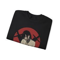 Crimson Silence Aftermath anime sweatshirt featuring somber girl with bloodstained outfit against red Japanese backdrop