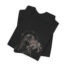 Anime-inspired gothic T-shirt design with cloaked figure and large lily flower.