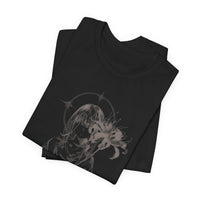 Anime-inspired gothic T-shirt design with cloaked figure and large lily flower.