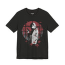 Crimson Silence Yakuza Bloom anime T-shirt featuring girl in kimono with handgun, red backdrop and maple leaves