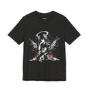 Celestial Oni Blood & Bloom anime T-shirt featuring horned girl in kimono with red and blue abstract splashes