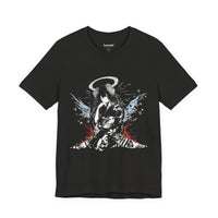 Celestial Oni Blood & Bloom anime T-shirt featuring horned girl in kimono with red and blue abstract splashes