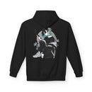 Crimson Silence Smoke Lily anime hoodie with modern girl in oversized jacket, handgun, and lily background