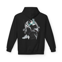 Crimson Silence Smoke Lily anime hoodie with modern girl in oversized jacket, handgun, and lily background