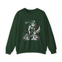 Celestial Oni Silent Bloom anime sweatshirt featuring haloed girl in kimono surrounded by lilies and smoke
