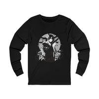 Crimson Silence Black Dahlia anime long sleeve shirt with woman in black kimono, handgun, lilies and circular backdrop