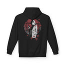 Crimson Silence Yakuza Bloom anime hoodie with girl in kimono holding handgun, red circle backdrop and falling leaves