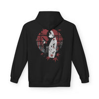 Crimson Silence Yakuza Bloom anime hoodie with girl in kimono holding handgun, red circle backdrop and falling leaves