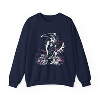 Celestial Oni Silent Bloom anime sweatshirt featuring haloed girl in kimono surrounded by lilies and smoke