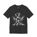 Celestial Oni Blood & Bloom anime T-shirt featuring horned girl in kimono with red and blue abstract splashes