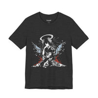 Celestial Oni Blood & Bloom anime T-shirt featuring horned girl in kimono with red and blue abstract splashes