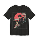 Neon Oni Moon’s Veil anime T-shirt featuring horned girl in streetwear with dragon spirits and neon red moon