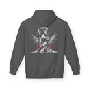 Celestial Oni Blood & Bloom anime hoodie with horned girl in kimono, halo and horns, detailed red and blue artwork