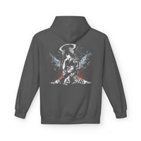 Celestial Oni Blood & Bloom anime hoodie with horned girl in kimono, halo and horns, detailed red and blue artwork
