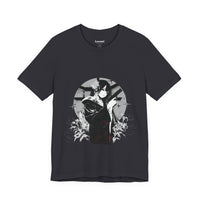 Crimson Silence Black Dahlia anime T-shirt featuring woman in black kimono with handgun and white lilies