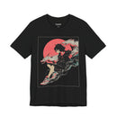 Neon Oni Moon’s Veil anime T-shirt featuring horned girl in streetwear with dragon spirits and neon red moon