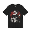 Anime assassin girl in kimono with gun, red sun backdrop, Japanese streetwear design.