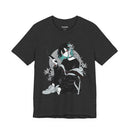Crimson Silence Smoke Lily anime T-shirt featuring modern assassin girl in streetwear holding smoking handgun with lilies