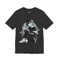 Crimson Silence Smoke Lily anime T-shirt featuring modern assassin girl in streetwear holding smoking handgun with lilies