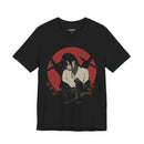 Crimson Silence Aftermath anime T-shirt featuring girl in bloodstained martial outfit with red backdrop and rifles