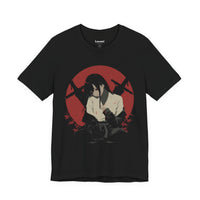 Crimson Silence Aftermath anime T-shirt featuring girl in bloodstained martial outfit with red backdrop and rifles