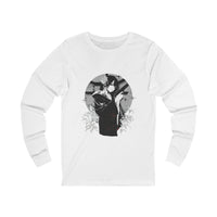 Crimson Silence Black Dahlia anime long sleeve shirt with woman in black kimono, handgun, lilies and circular backdrop