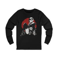Crimson Silence Scarlet Veil anime long sleeve shirt with femme fatale kimono design, red splattered backdrop, floral accents