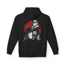 Crimson Silence Scarlet Veil anime hoodie with noir femme fatale in short kimono, floral details, and red circle backdrop