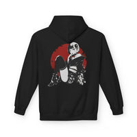 Crimson Silence Scarlet Veil anime hoodie with noir femme fatale in short kimono, floral details, and red circle backdrop