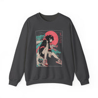 Neon Oni Street Spirit anime sweatshirt with horned girl, sneakers, neon sun, and dragon smoke design