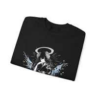 Celestial Oni Blood & Bloom anime sweatshirt featuring horned girl in floral kimono with halo and dramatic splashes
