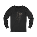 Black long sleeve shirt with anime gothic cloaked figure and floral design.