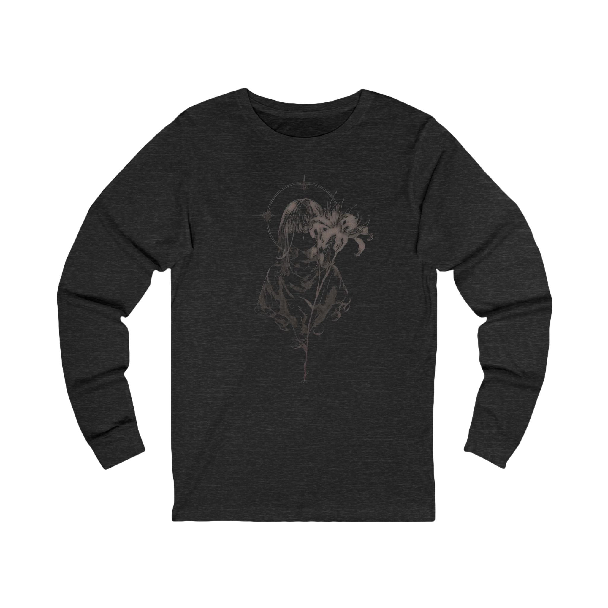 Black long sleeve shirt with anime gothic cloaked figure and floral design.
